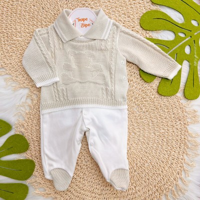 Macacão de Tricot Ursinho - Areia e Branco